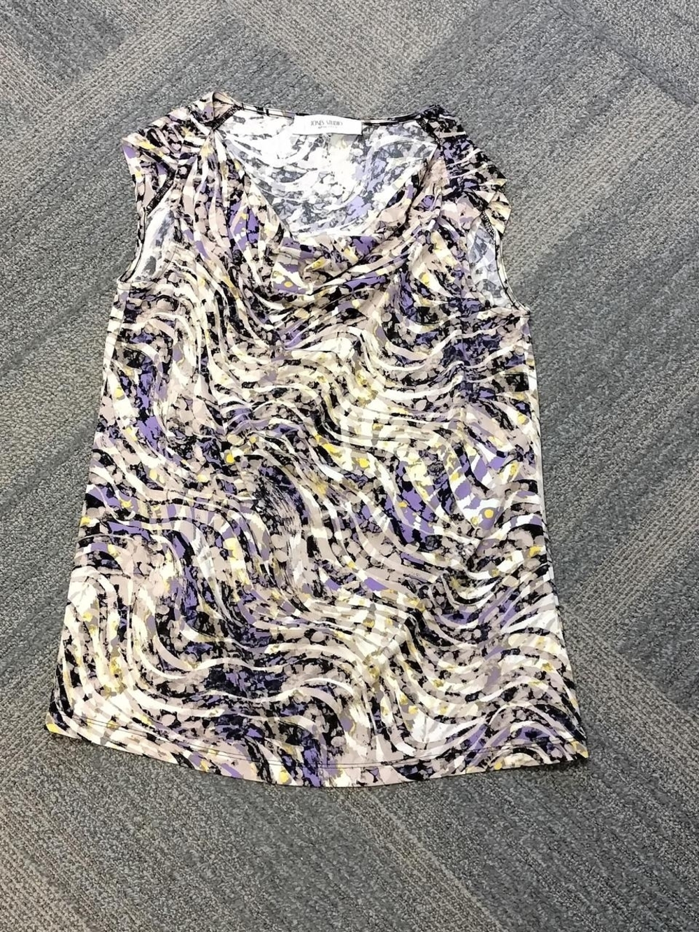 Jones Studio Purple, Cream & Black Abstract Cowl Neck Tank